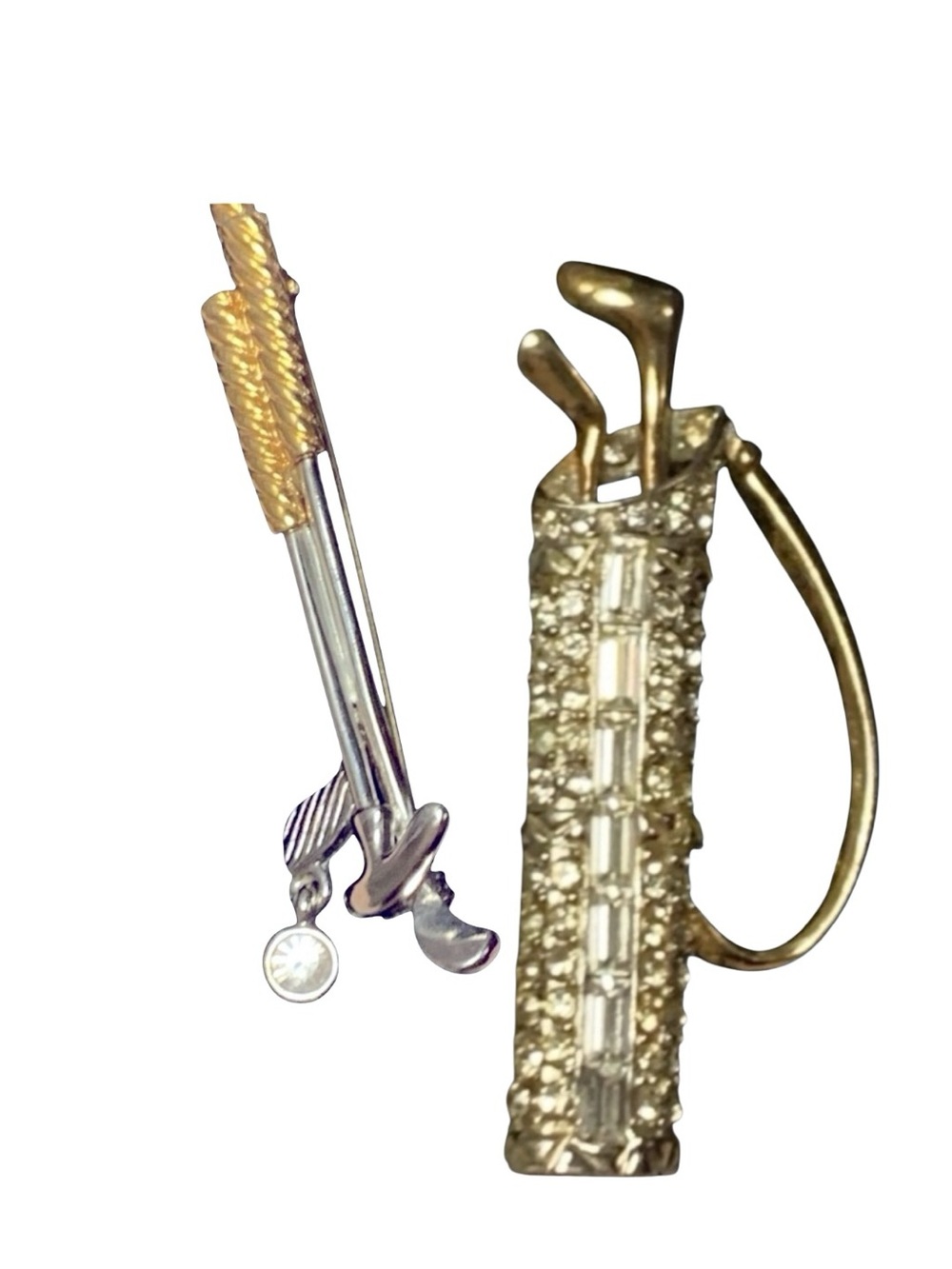 Set of Golf Clubs & Club bag Gold Tone Crystal Rhinestone Gem  2.25” Brooches - Picture 3 of 8